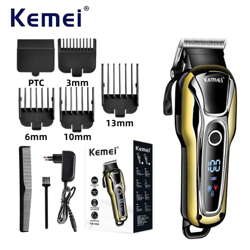 Kemei KM-1990 Clipper de cabelo elétrico profissional Clipper LED Display ajustável Men's Hair Clipper